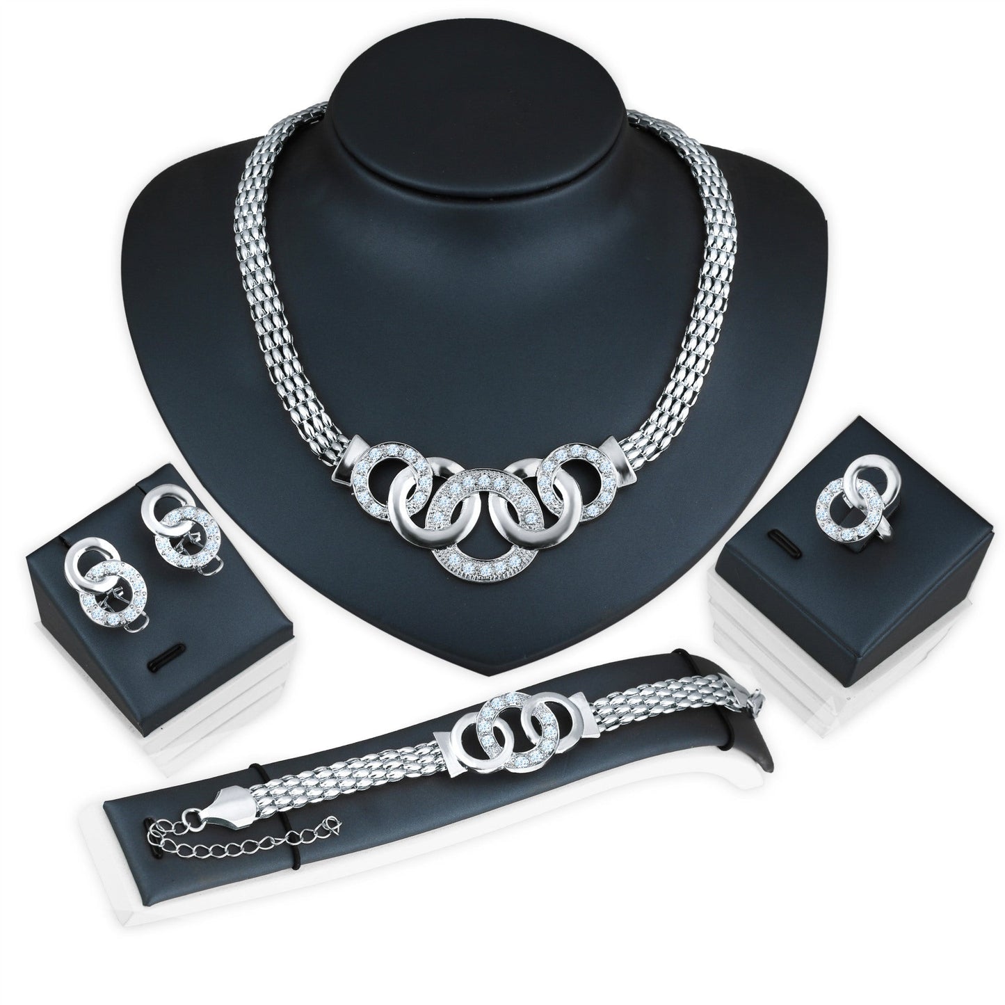 Elegant Fashion Jewelry Set – Rhinestone Necklace, Earrings, Bracelet & Ring