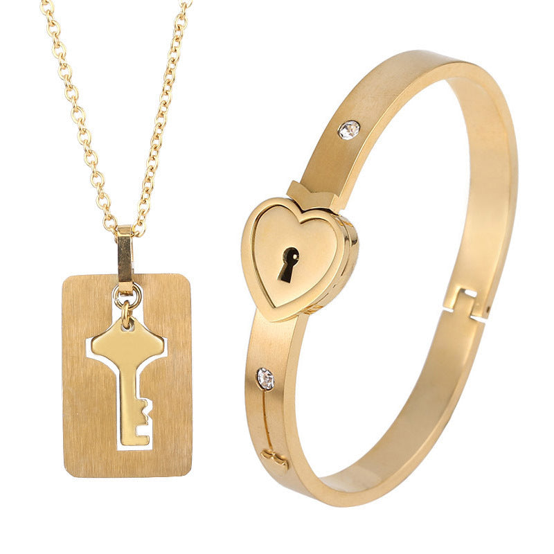 Titanium Steel Couple Love Lock Jewelry Set – Bracelet, Necklace & Key