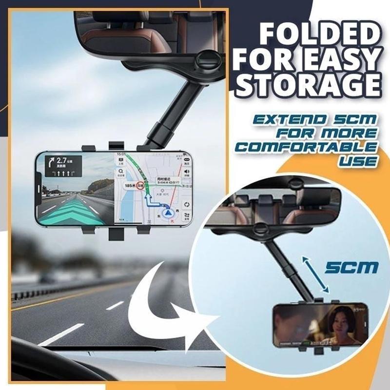 360° Rearview Mirror Phone Holder – Retractable 0-5cm Arm | 4-Claw Grip | Universal Fit