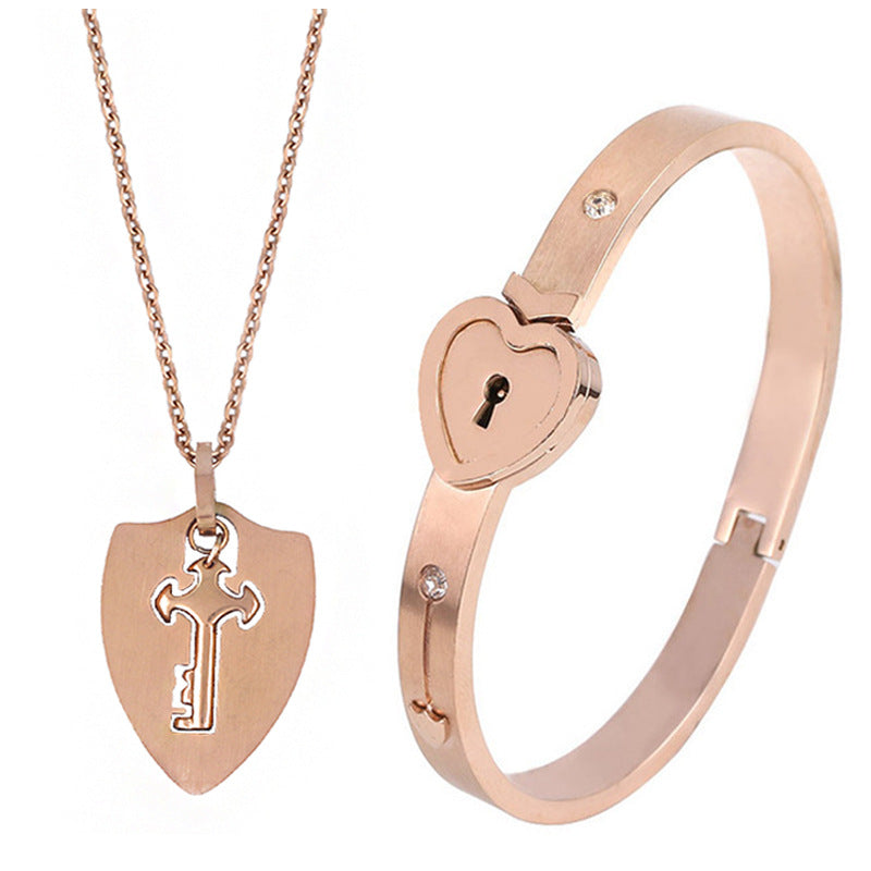 Titanium Steel Couple Love Lock Jewelry Set – Bracelet, Necklace & Key