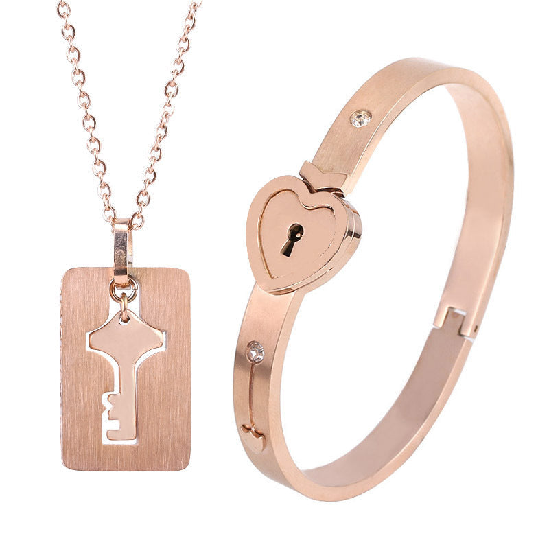 Titanium Steel Couple Love Lock Jewelry Set – Bracelet, Necklace & Key