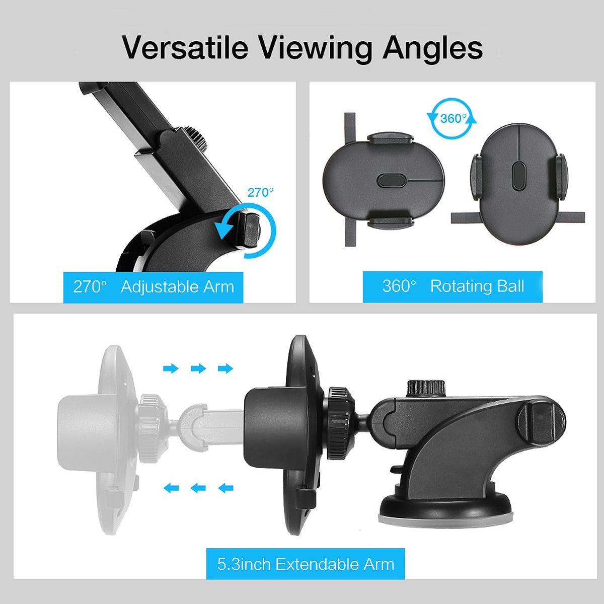 Telescopic Car Phone Holder – 360° Rotation | Super Sticky Suction Cup | Fits 3.5-7" Phones