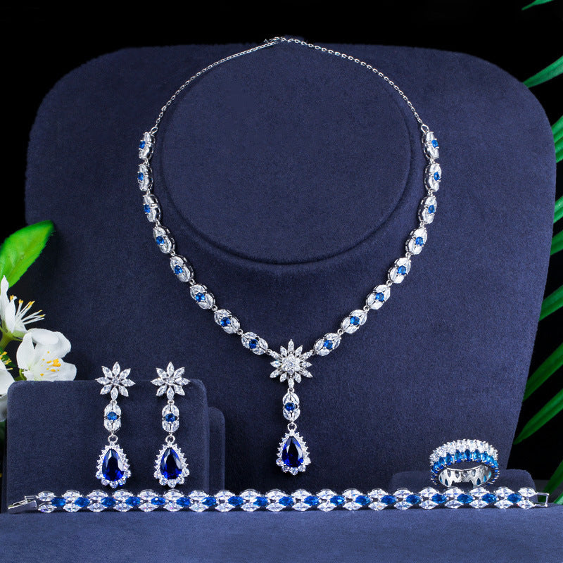 Elegant Zircon Jewelry Set – Necklace, Earrings, Ring & Bracelet | European Style