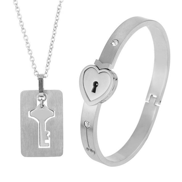 Titanium Steel Couple Love Lock Jewelry Set – Bracelet, Necklace & Key