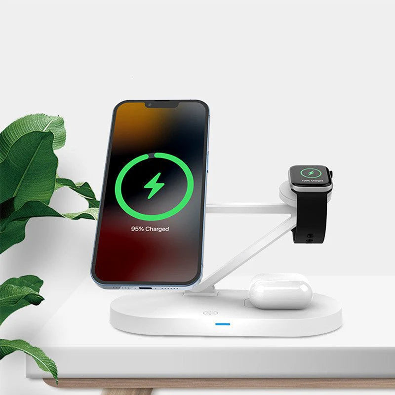 Wuhe 5-in-1 Magnetic Wireless Charger Desk Stand – Fast Charging Dock with Small Table Lamp for iPhone, Apple Watch & AirPods