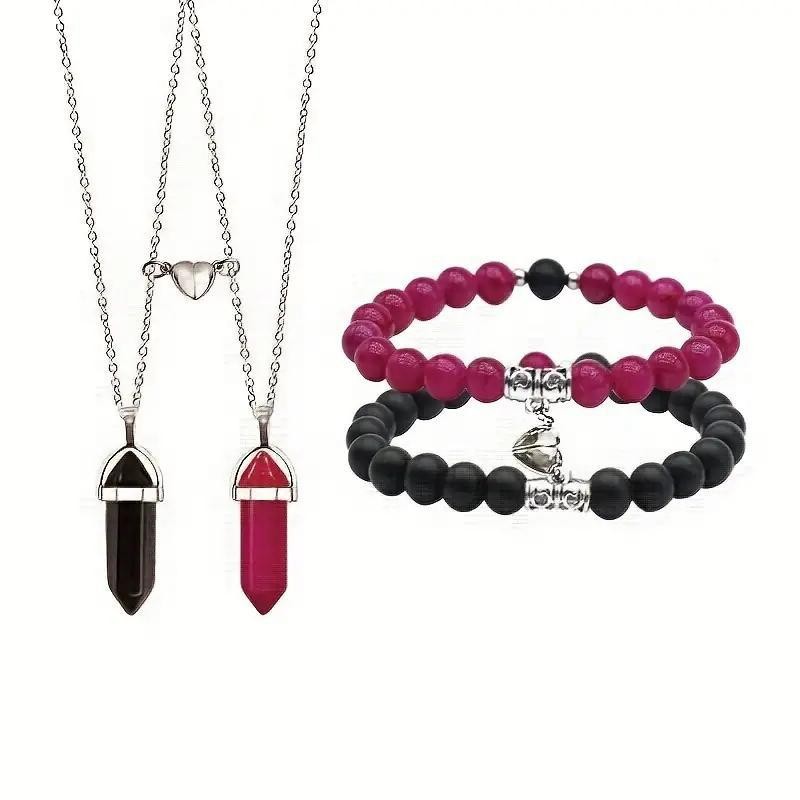 Couple Natural Stone Magnetic Bracelet & Necklace Set – Matching Love Jewelry
