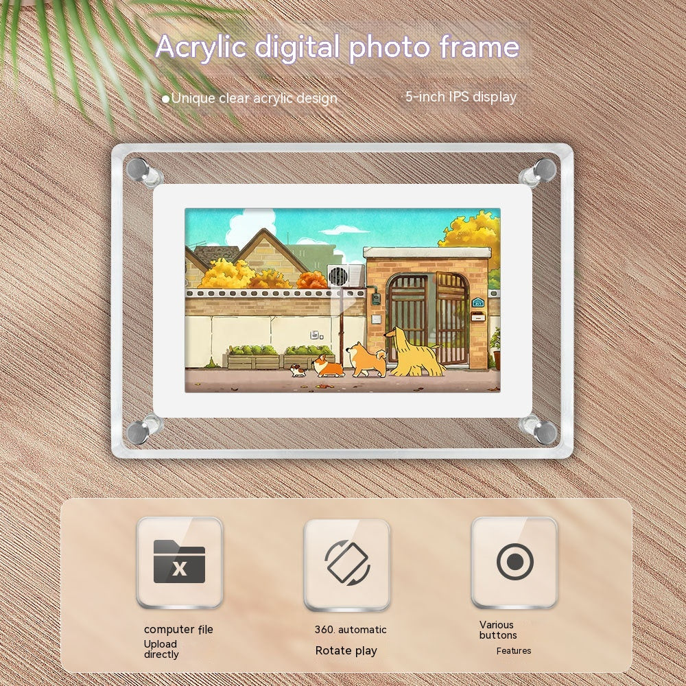 5-Inch Transparent Digital Photo Frame – Video Player, Auto-Rotate & Plug-and-Play Display