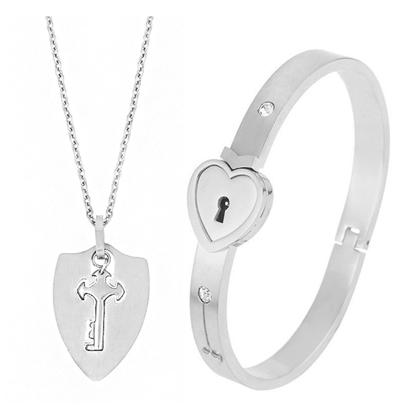 Titanium Steel Couple Love Lock Jewelry Set – Bracelet, Necklace & Key