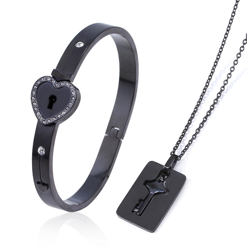Titanium Steel Couple Love Lock Jewelry Set – Bracelet, Necklace & Key