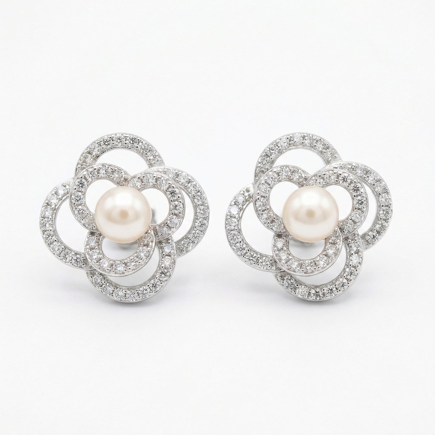 925 Sterling Silver Floral Pearl Stud Earrings – Pavé Crystal & Pearl Center