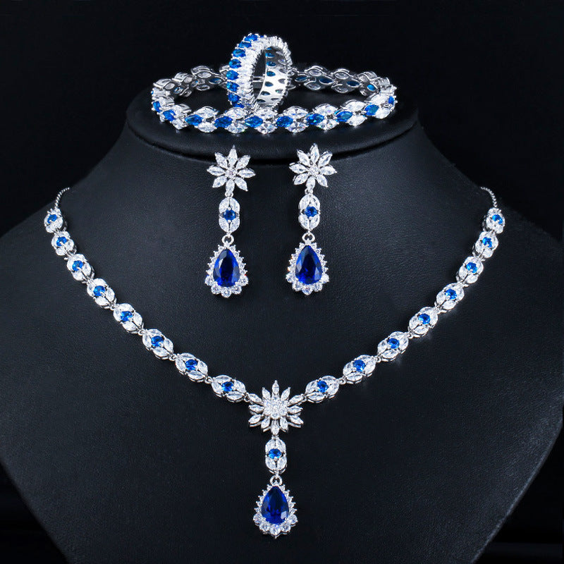 Elegant Zircon Jewelry Set – Necklace, Earrings, Ring & Bracelet | European Style