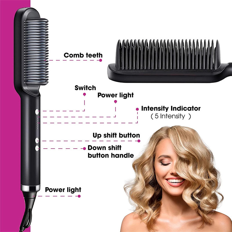 2-in-1 Electric Hair Straightener & Curling Comb – 10-Temp Tourmaline Ceramic | Negative Ion | Wet & Dry