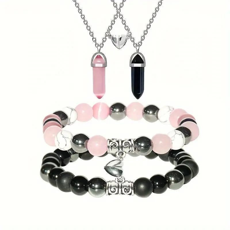 Couple Natural Stone Magnetic Bracelet & Necklace Set – Matching Love Jewelry