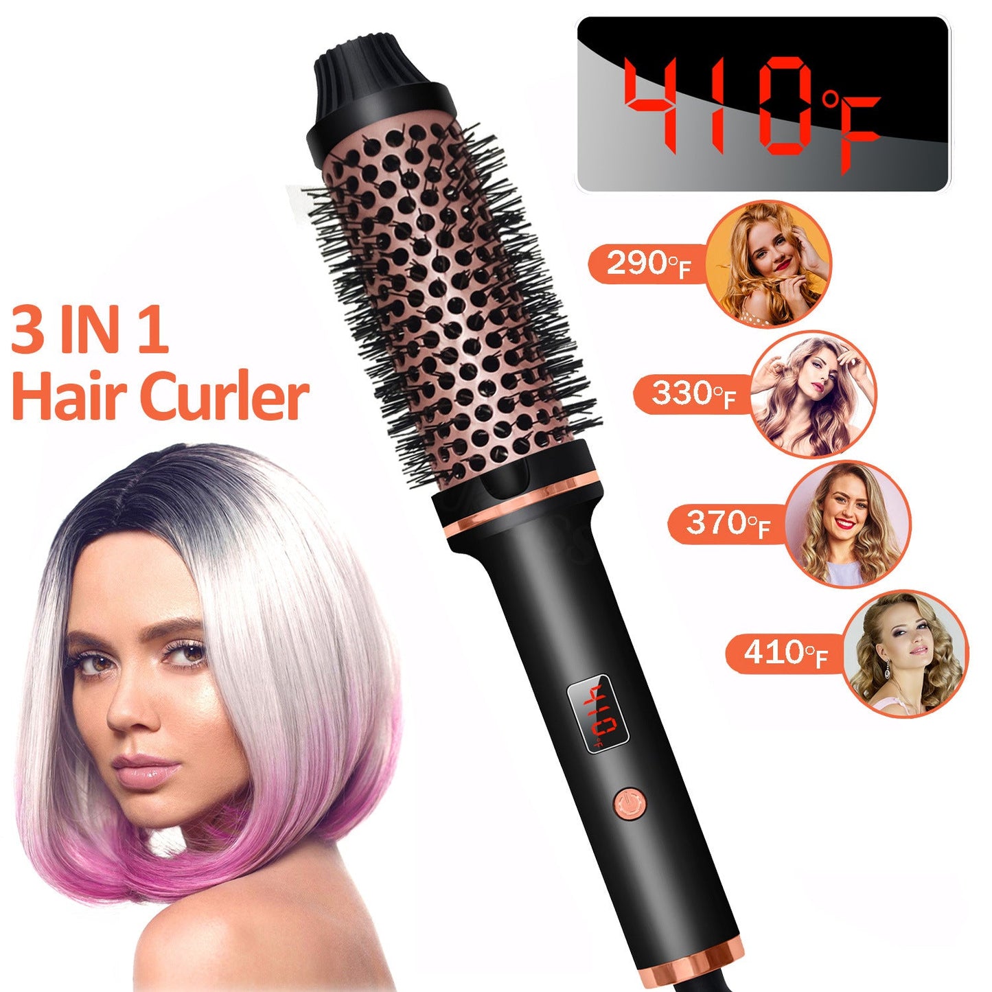 2-in-1 Hair Curler & Straightener Comb – Negative Ion Fast Heating | Black & Pink | US/UK/EU/AU