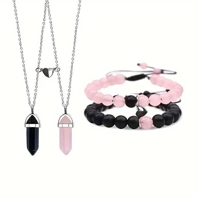 Couple Natural Stone Magnetic Bracelet & Necklace Set – Matching Love Jewelry
