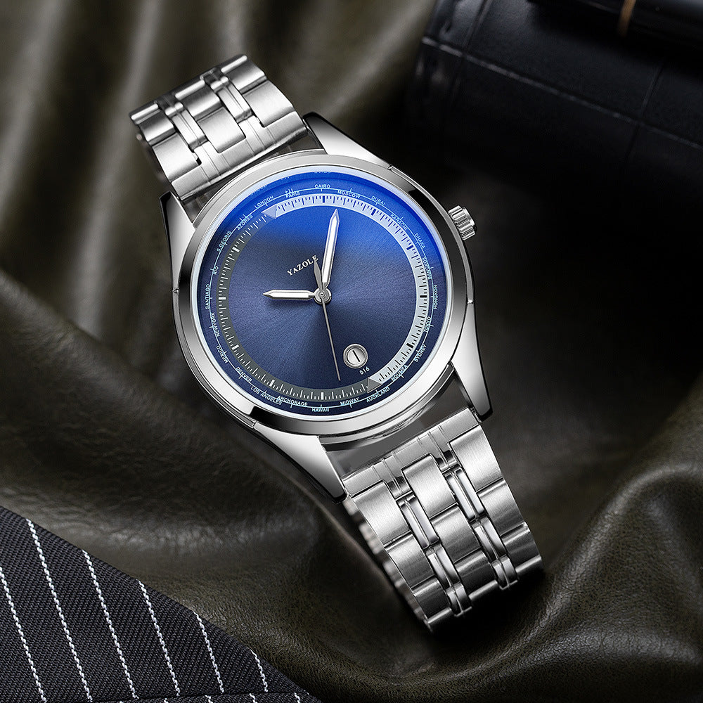 Luxury Business Men's Steel Watch – Luminous Hands, Calendar & Blue Ray Glass | Waterproof