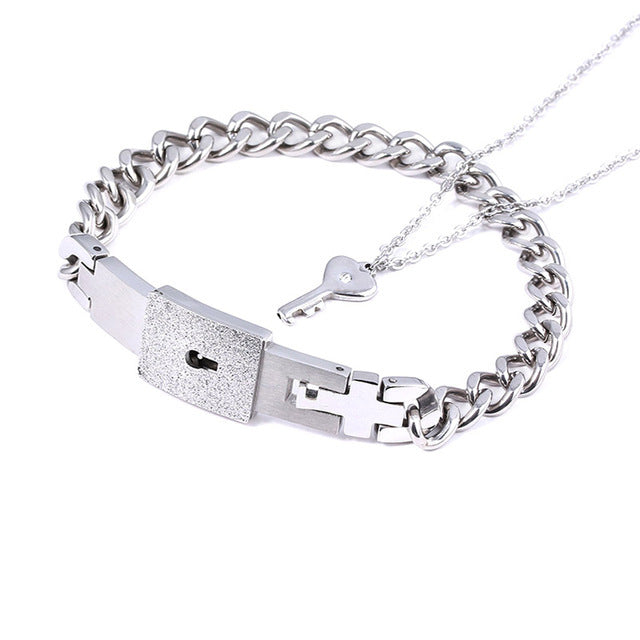 Titanium Steel Couple Love Lock Jewelry Set – Bracelet, Necklace & Key