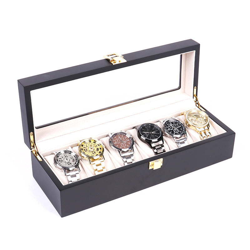 Luxury 6-Slot Watch Storage Box – Matte Black MDF with Velvet Interior & Hardware Lock