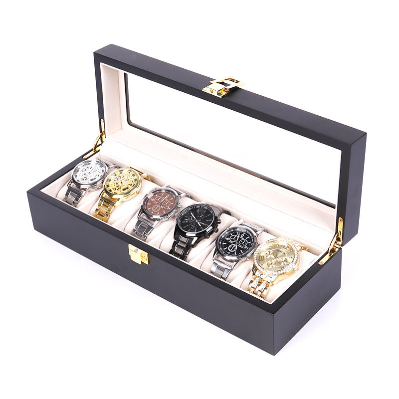 Luxury 6-Slot Watch Storage Box – Matte Black MDF with Velvet Interior & Hardware Lock