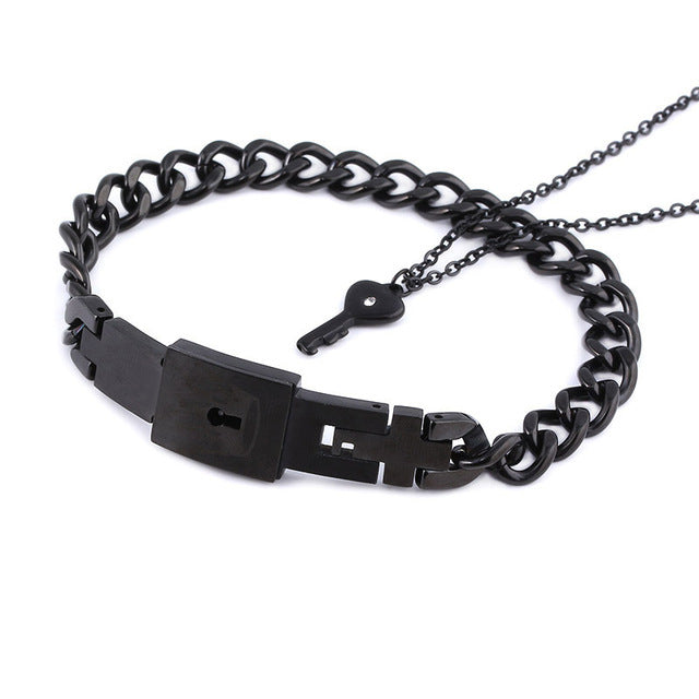 Titanium Steel Couple Love Lock Jewelry Set – Bracelet, Necklace & Key