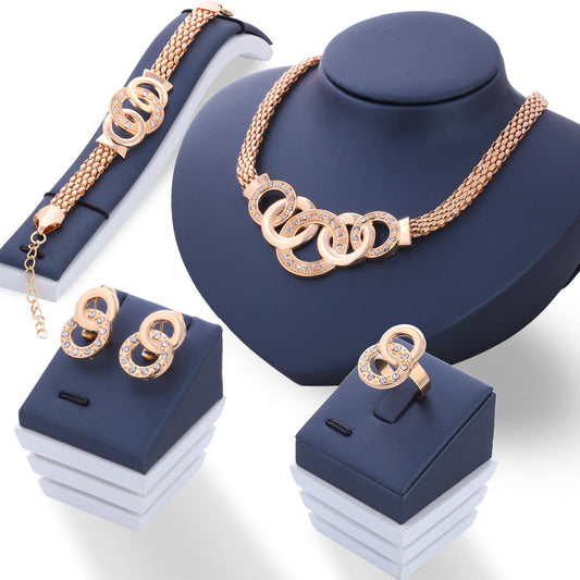Elegant Fashion Jewelry Set – Rhinestone Necklace, Earrings, Bracelet & Ring