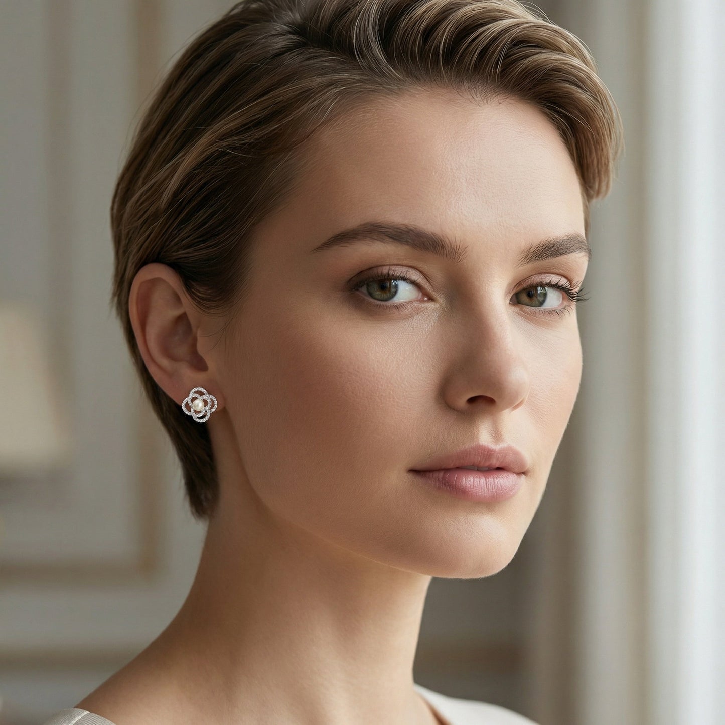 925 Sterling Silver Floral Pearl Stud Earrings – Pavé Crystal & Pearl Center