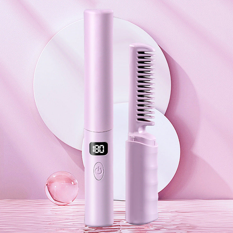 LCD Cordless Hair Straightening Comb – USB Rechargeable Wireless Styling Brush | Pink, Blue & Purple