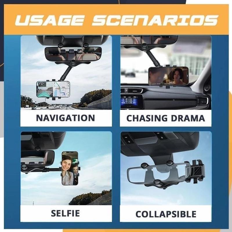 360° Rearview Mirror Phone Holder – Retractable 0-5cm Arm | 4-Claw Grip | Universal Fit