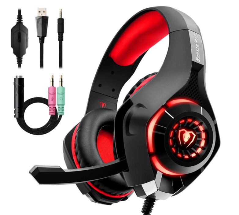 Gaming Headset with Stereo Bass & RGB LED Light – Wired Over-Ear Headphones with Mic for PS4, PC & Mobile