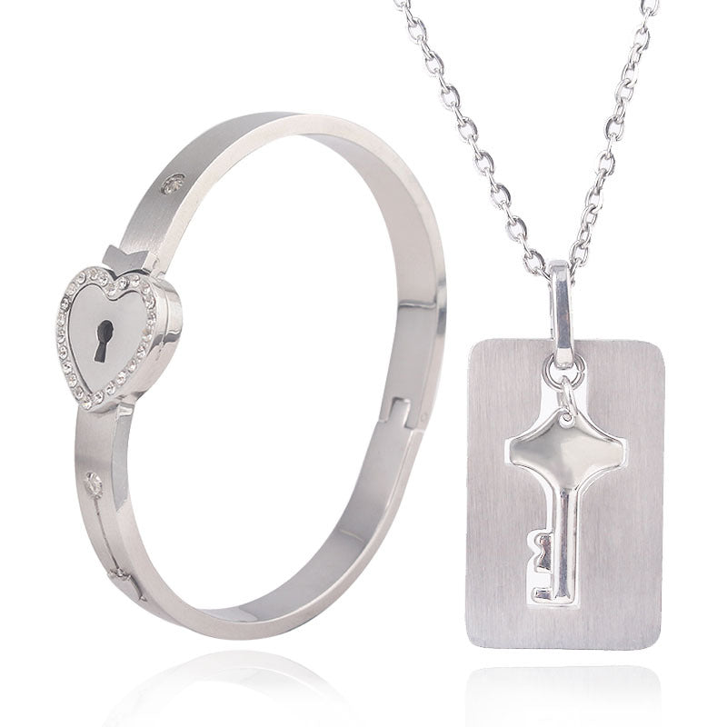Titanium Steel Couple Love Lock Jewelry Set – Bracelet, Necklace & Key