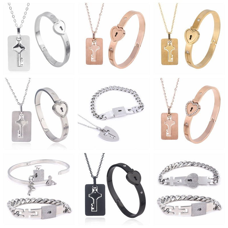 Titanium Steel Couple Love Lock Jewelry Set – Bracelet, Necklace & Key