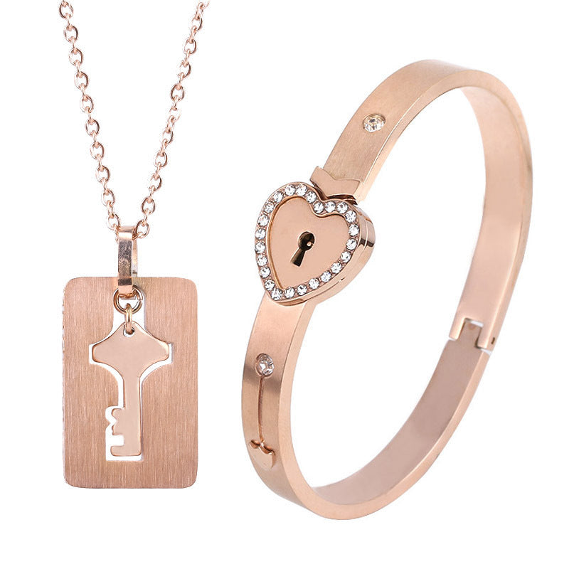Titanium Steel Couple Love Lock Jewelry Set – Bracelet, Necklace & Key