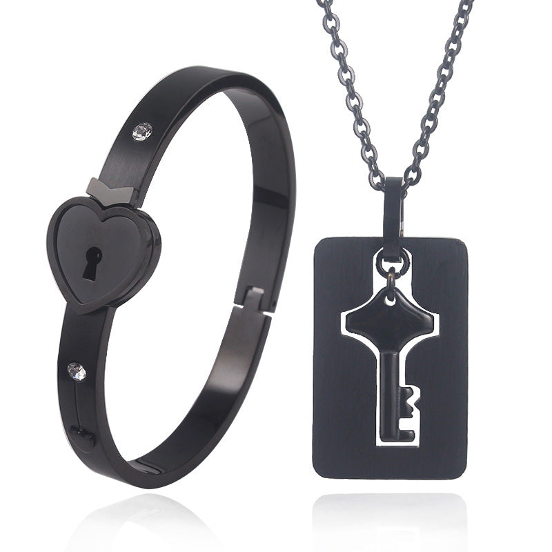 Titanium Steel Couple Love Lock Jewelry Set – Bracelet, Necklace & Key