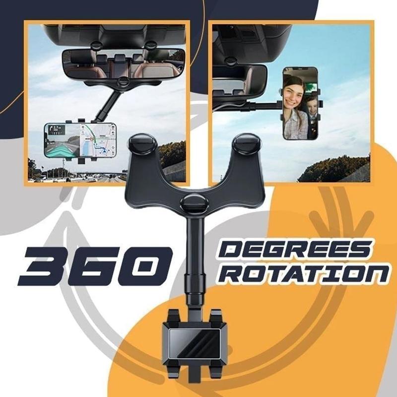360° Rearview Mirror Phone Holder – Retractable 0-5cm Arm | 4-Claw Grip | Universal Fit