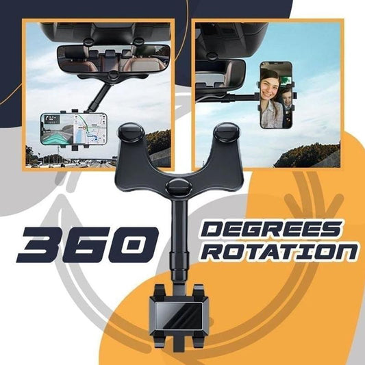 360° Rearview Mirror Phone Holder – Retractable 0-5cm Arm | 4-Claw Grip | Universal Fit