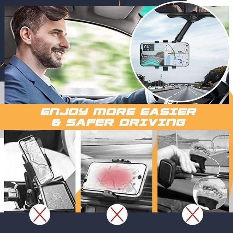 360° Rearview Mirror Phone Holder – Retractable 0-5cm Arm | 4-Claw Grip | Universal Fit