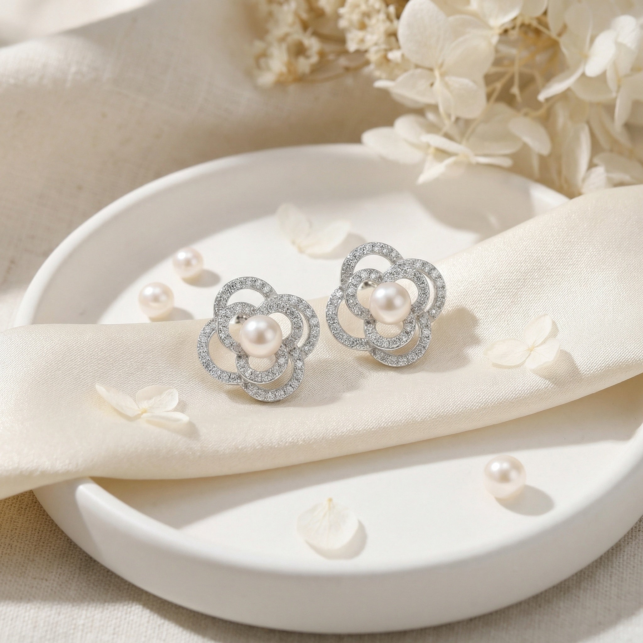 925 Sterling Silver Floral Pearl Stud Earrings – Pavé Crystal & Pearl Center
