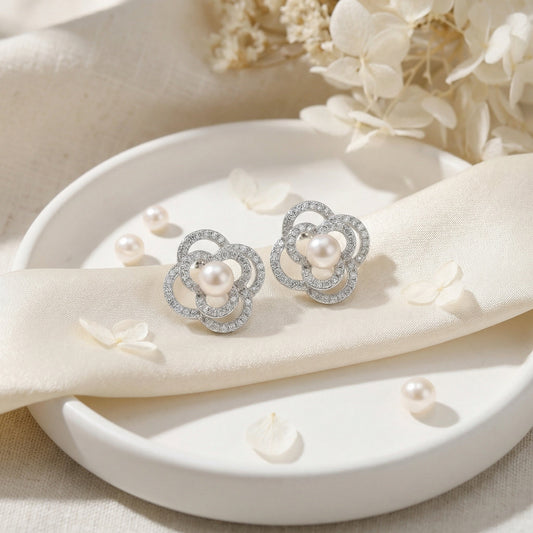 925 Sterling Silver Floral Pearl Stud Earrings – Pavé Crystal & Pearl Center