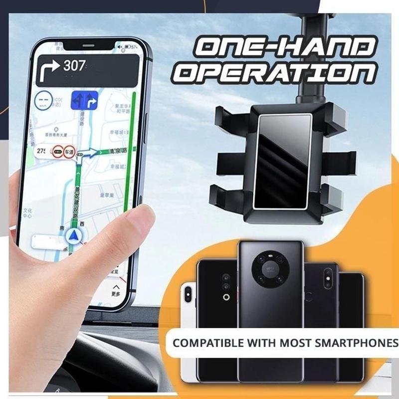 360° Rearview Mirror Phone Holder – Retractable 0-5cm Arm | 4-Claw Grip | Universal Fit