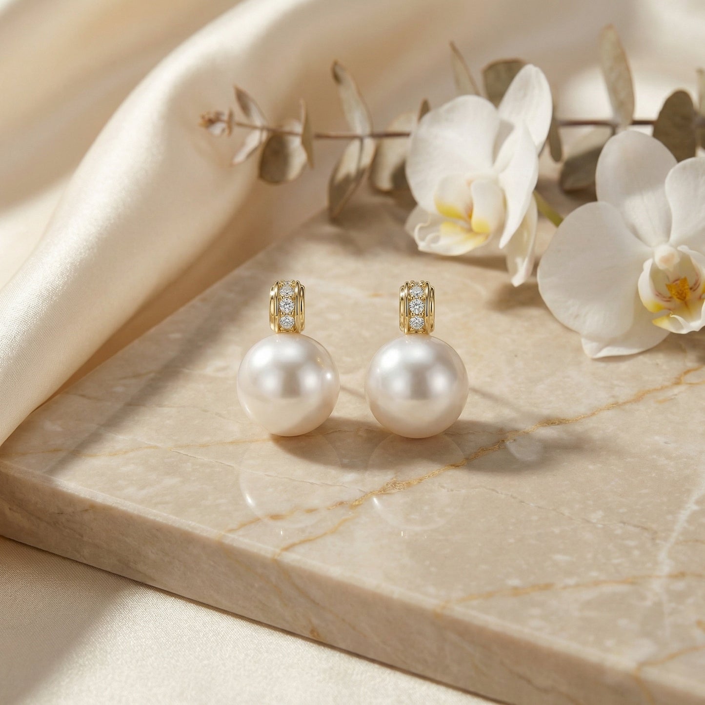 925 Sterling Silver Pearl Drop Earrings – Elegant White Pearl with Diamond Accents