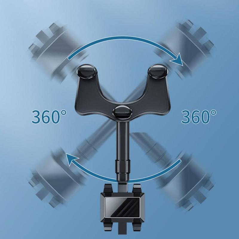360° Rearview Mirror Phone Holder – Retractable 0-5cm Arm | 4-Claw Grip | Universal Fit