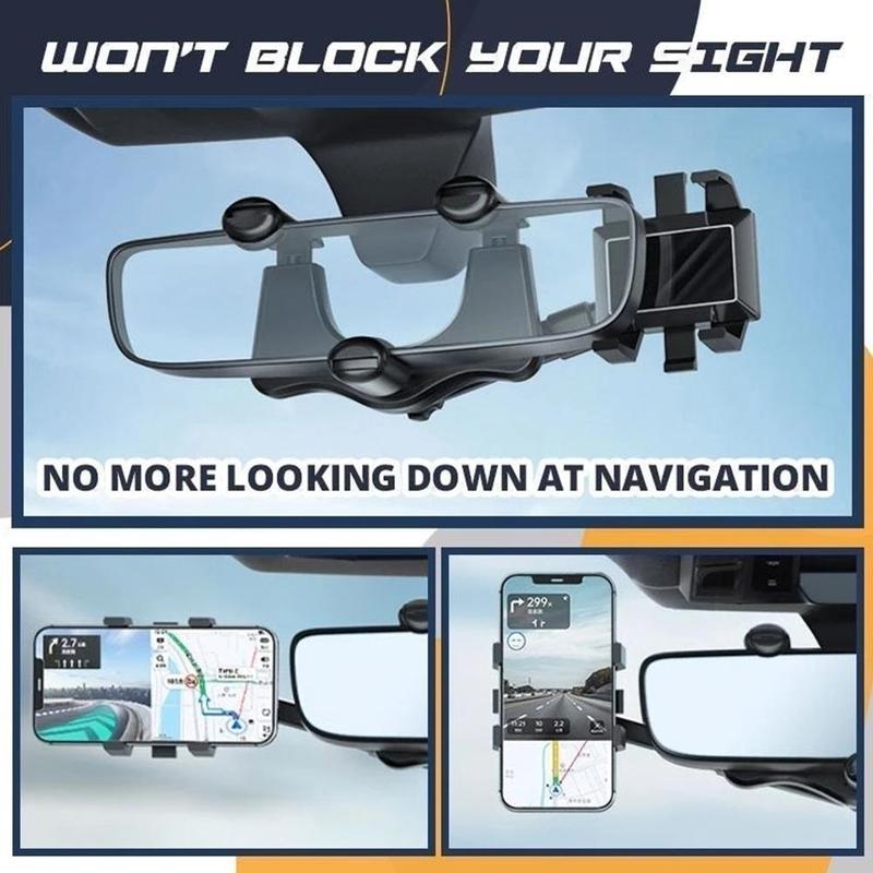 360° Rearview Mirror Phone Holder – Retractable 0-5cm Arm | 4-Claw Grip | Universal Fit
