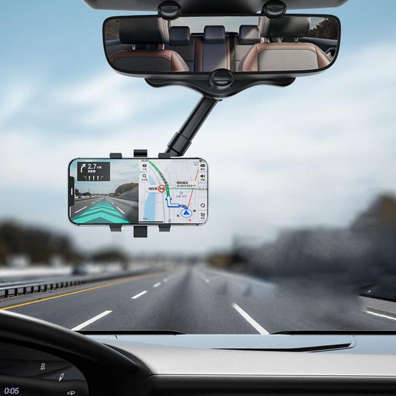 360° Rearview Mirror Phone Holder – Retractable 0-5cm Arm | 4-Claw Grip | Universal Fit