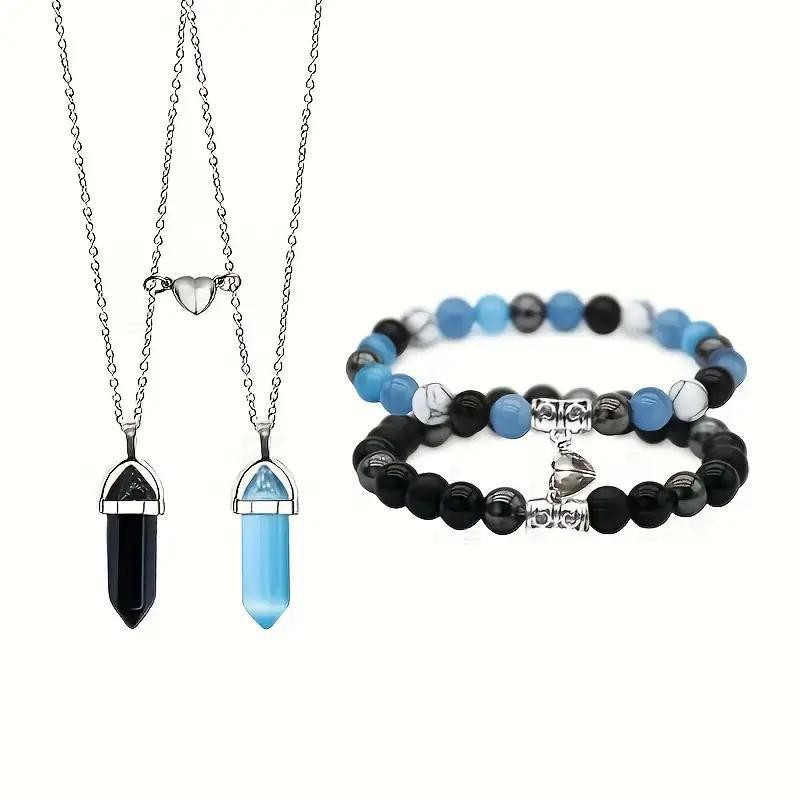 Couple Natural Stone Magnetic Bracelet & Necklace Set – Matching Love Jewelry