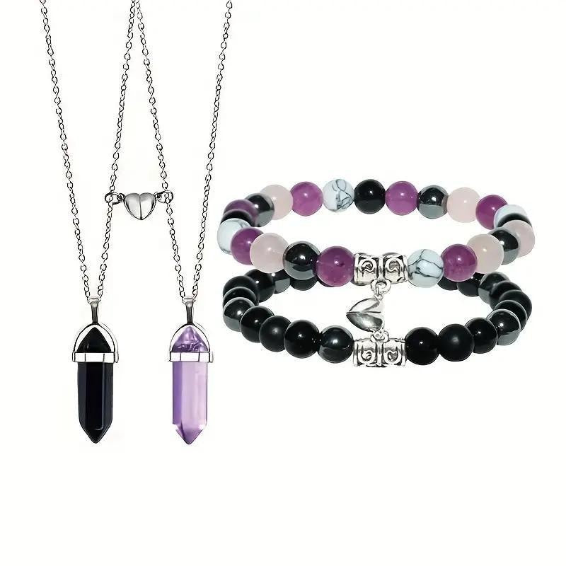 Couple Natural Stone Magnetic Bracelet & Necklace Set – Matching Love Jewelry