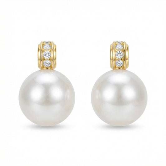 925 Sterling Silver Pearl Drop Earrings – Elegant White Pearl with Diamond Accents