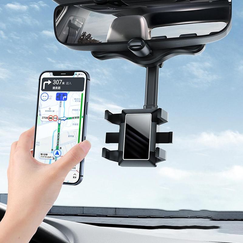 360° Rearview Mirror Phone Holder – Retractable 0-5cm Arm | 4-Claw Grip | Universal Fit